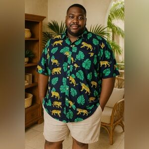 Tipsy Elves Mens Hawaiian Shirt 4XL Black Green Palm Leaf Tiger Print Tropical